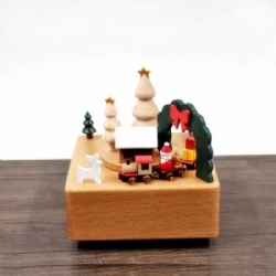 train and christmas trees wooden music box