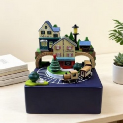 castle and train pass through the tunnel christmas wooden music box